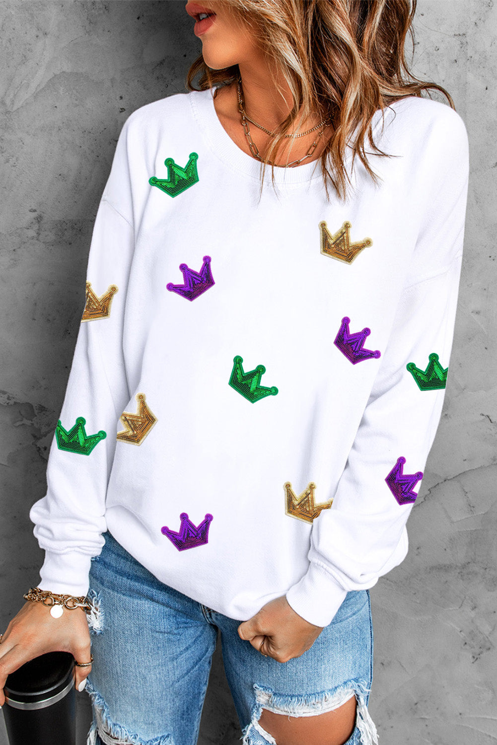 White MARDI GRAS Crown Graphic Drop Shoulder Sweatshirt