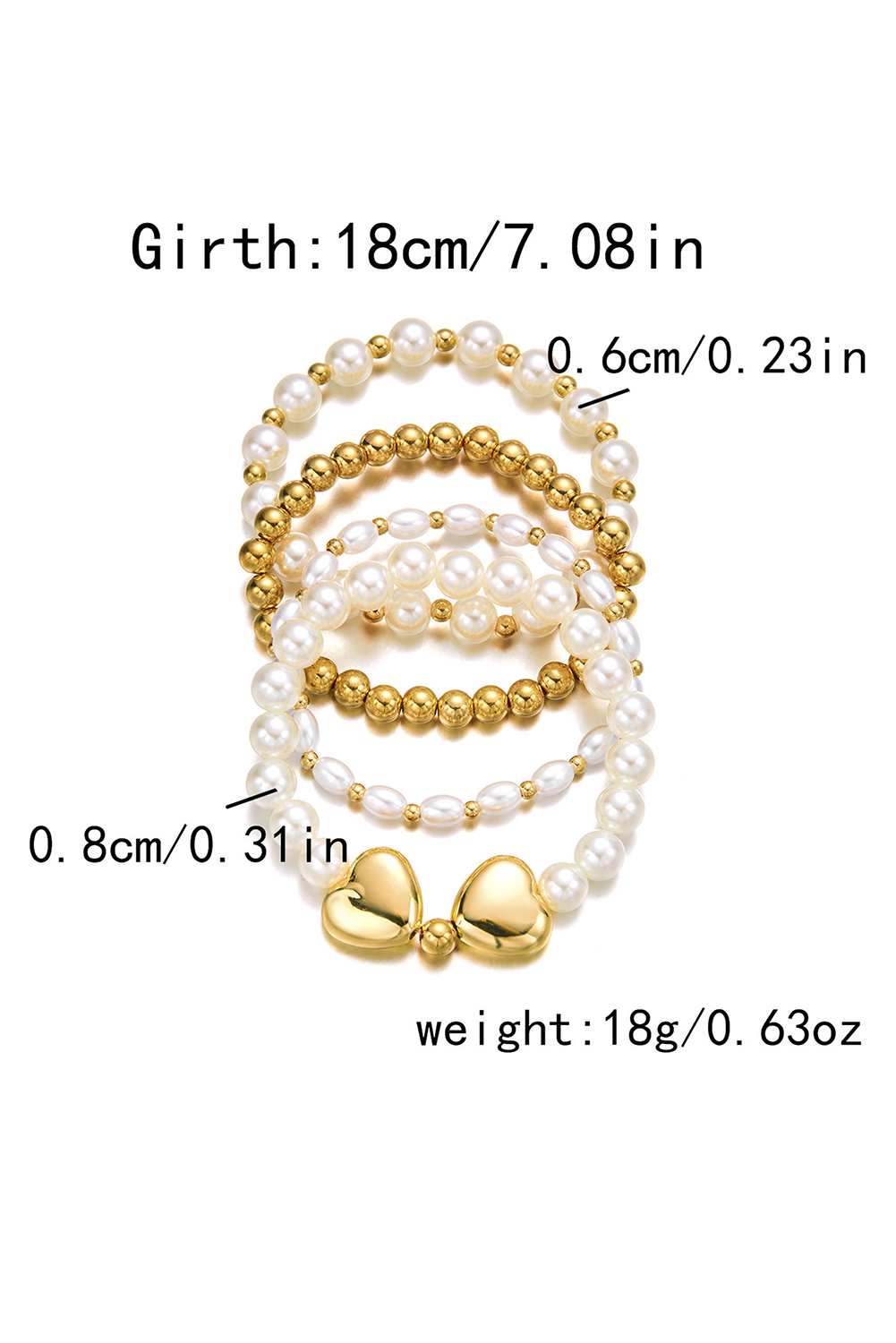 Gold Pearl Stackable Heart Beaded Bracelet Set