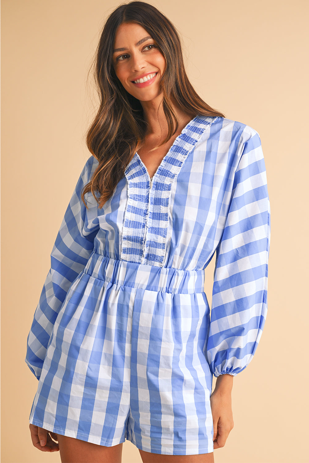 Sky Blue Plaid Shirred V Neck Lantern Sleeve Romper