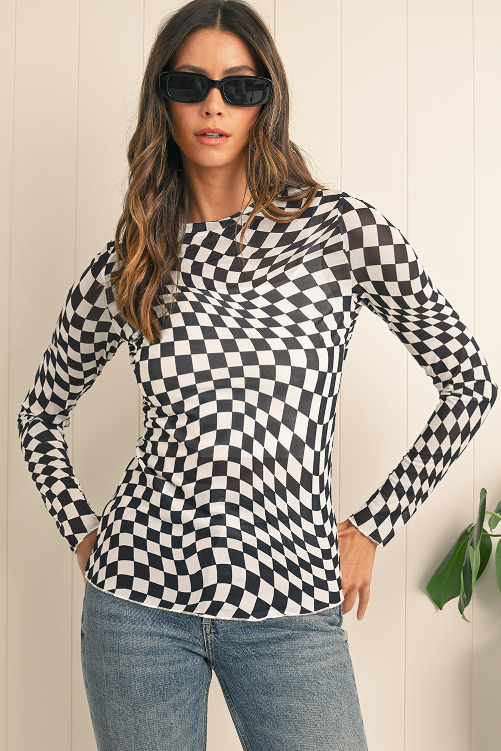 Rose Checkered Pattern Mesh Long Sleeve Top