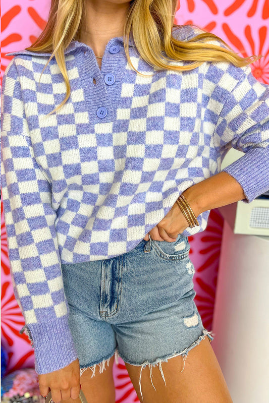 Purple Checkered Collared Buttons Plus Size Sweater