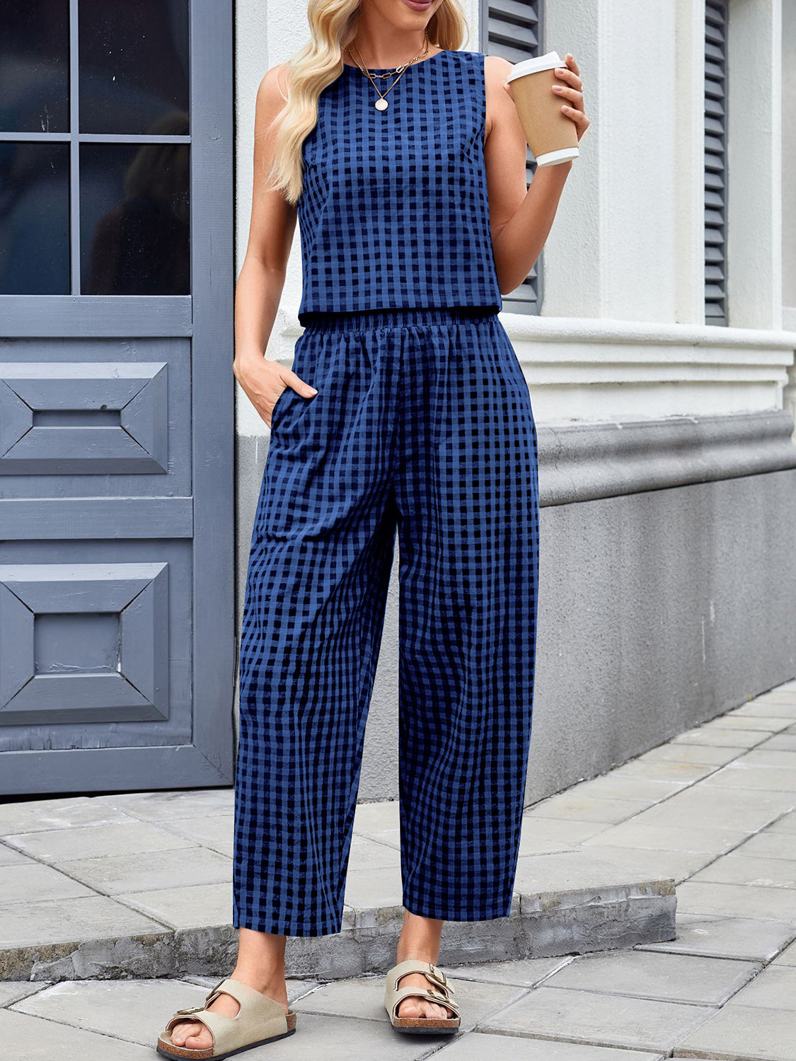 Lovelet Plaid Round Neck Sleeveless Top and Pants Set