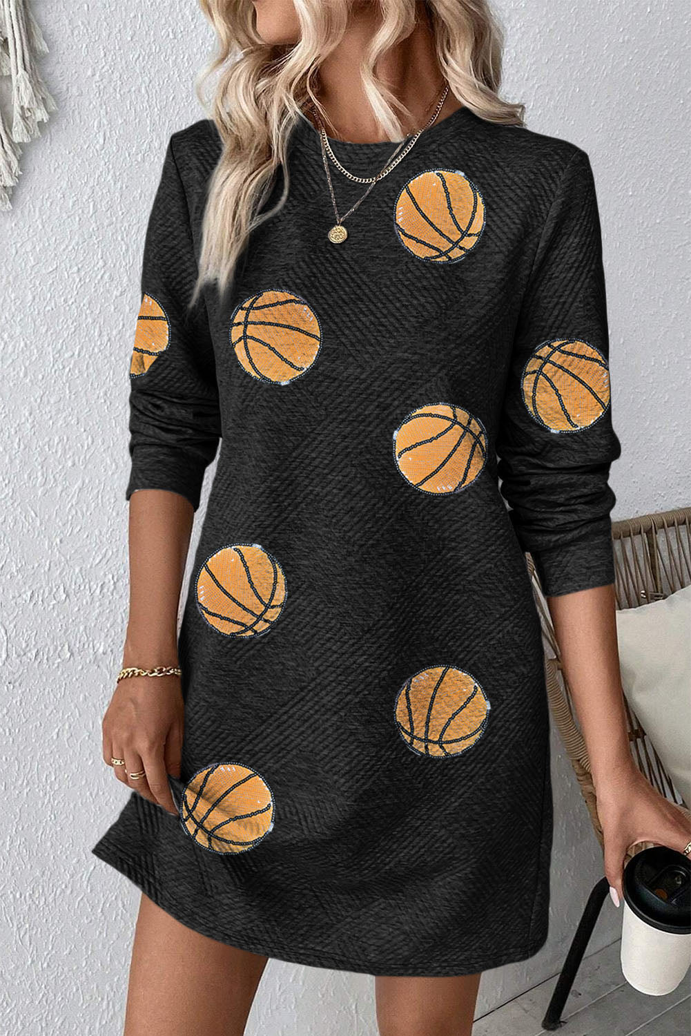 Gray Sequin Basketball Patched Textured Crewneck Shift Mini Dress