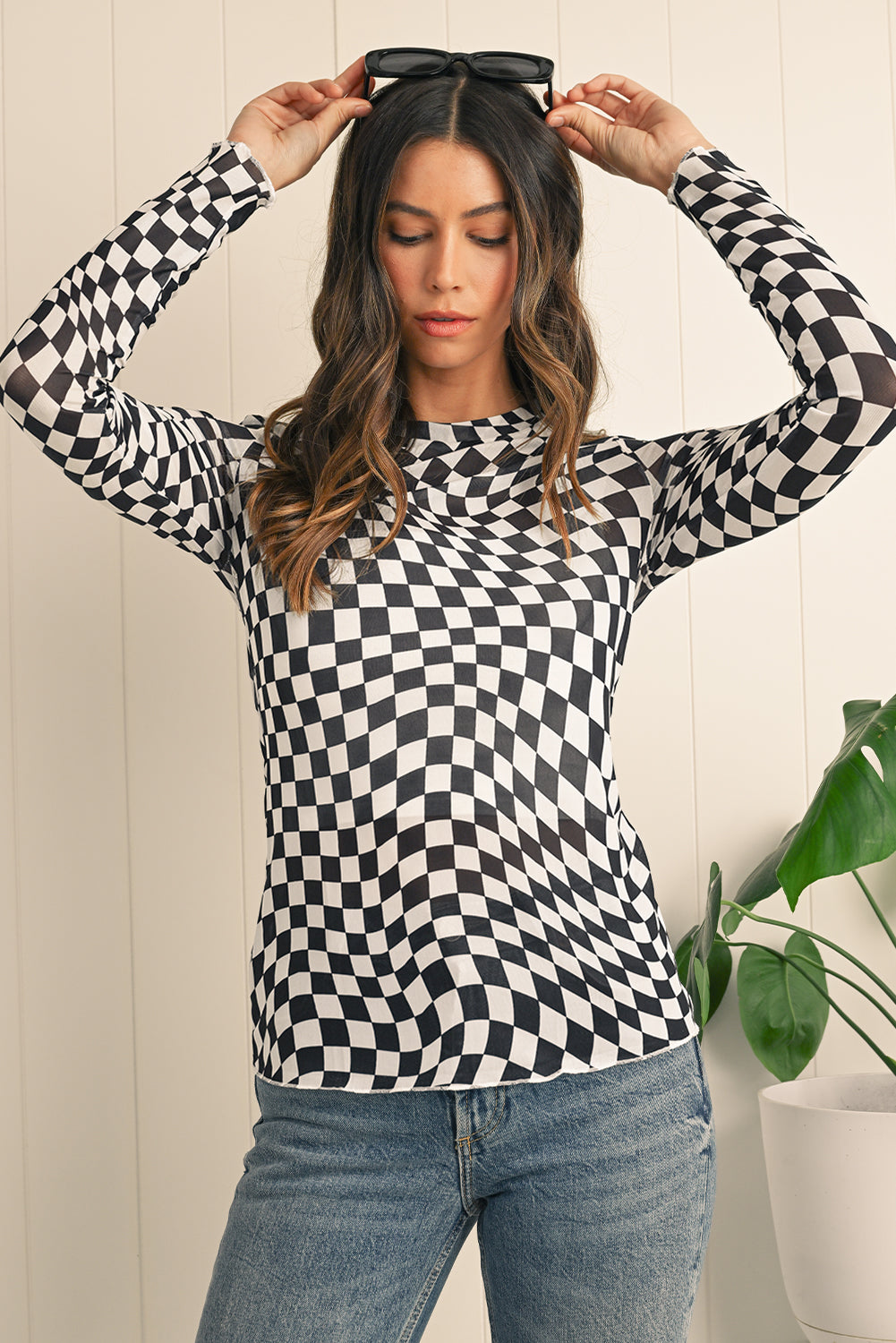 Rose Checkered Pattern Mesh Long Sleeve Top