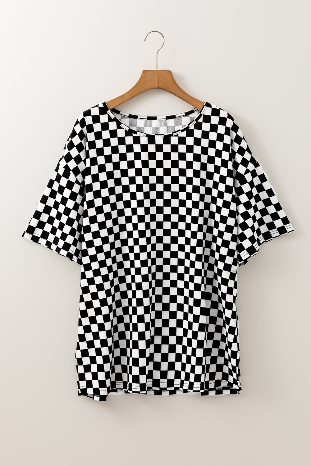 Black Checkered Print Side Slits Plus Size T Shirt