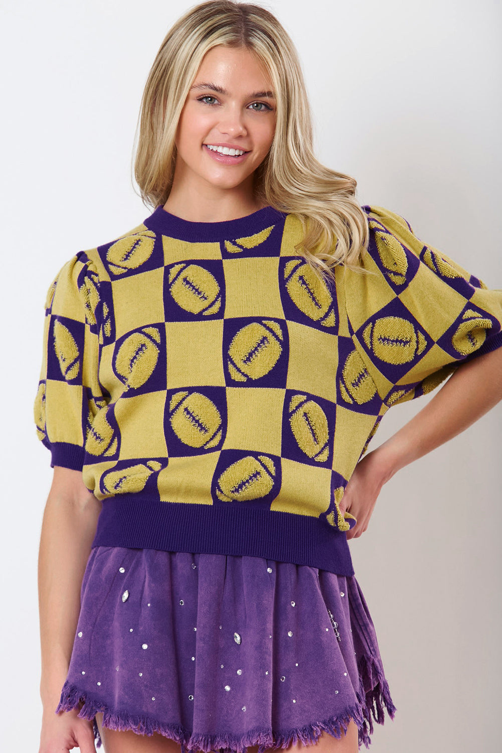 Purple Rugby Plaid Color Block Puff Sleeve Knit Top