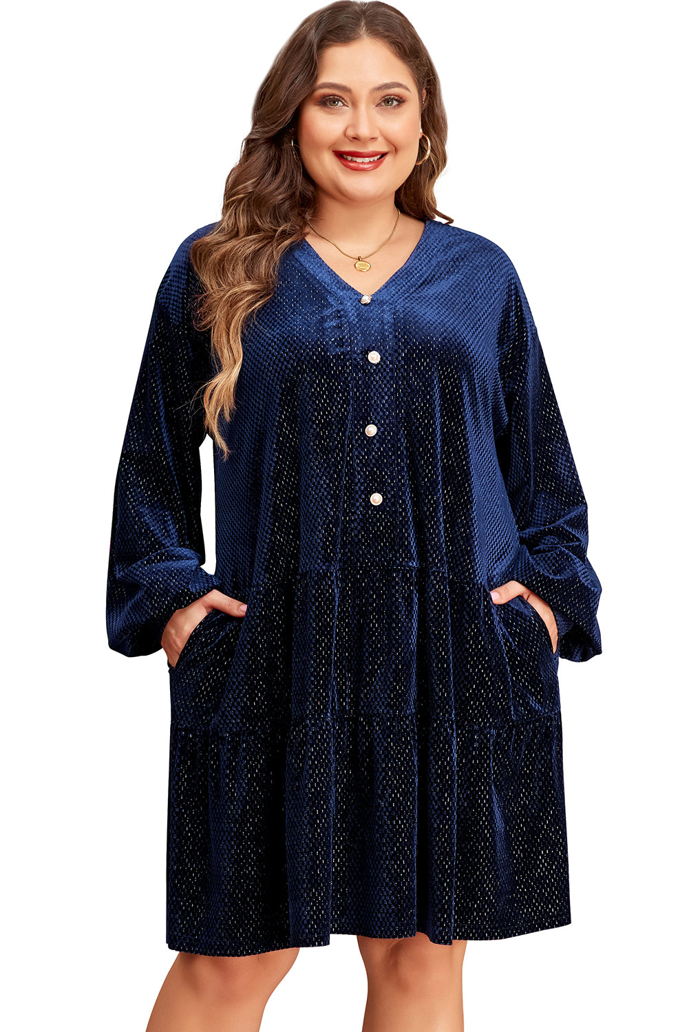 Navy Blue Textured Velvet Buttons Tiered Plus Size Dress