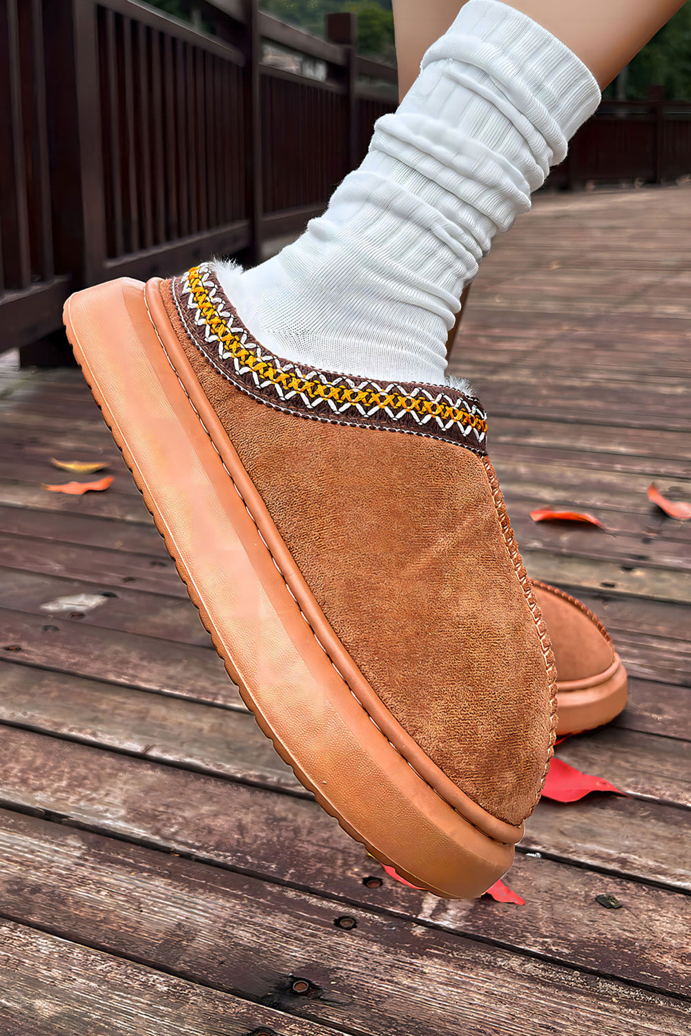 Chestnut Contrast Edge Suede Plush Lined Thick Sole Winter Slippers