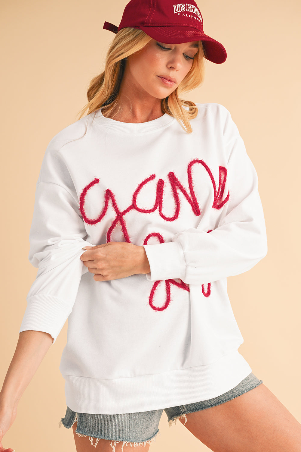 White Tinsel Game Day Drop Shoulder Sweatshirt