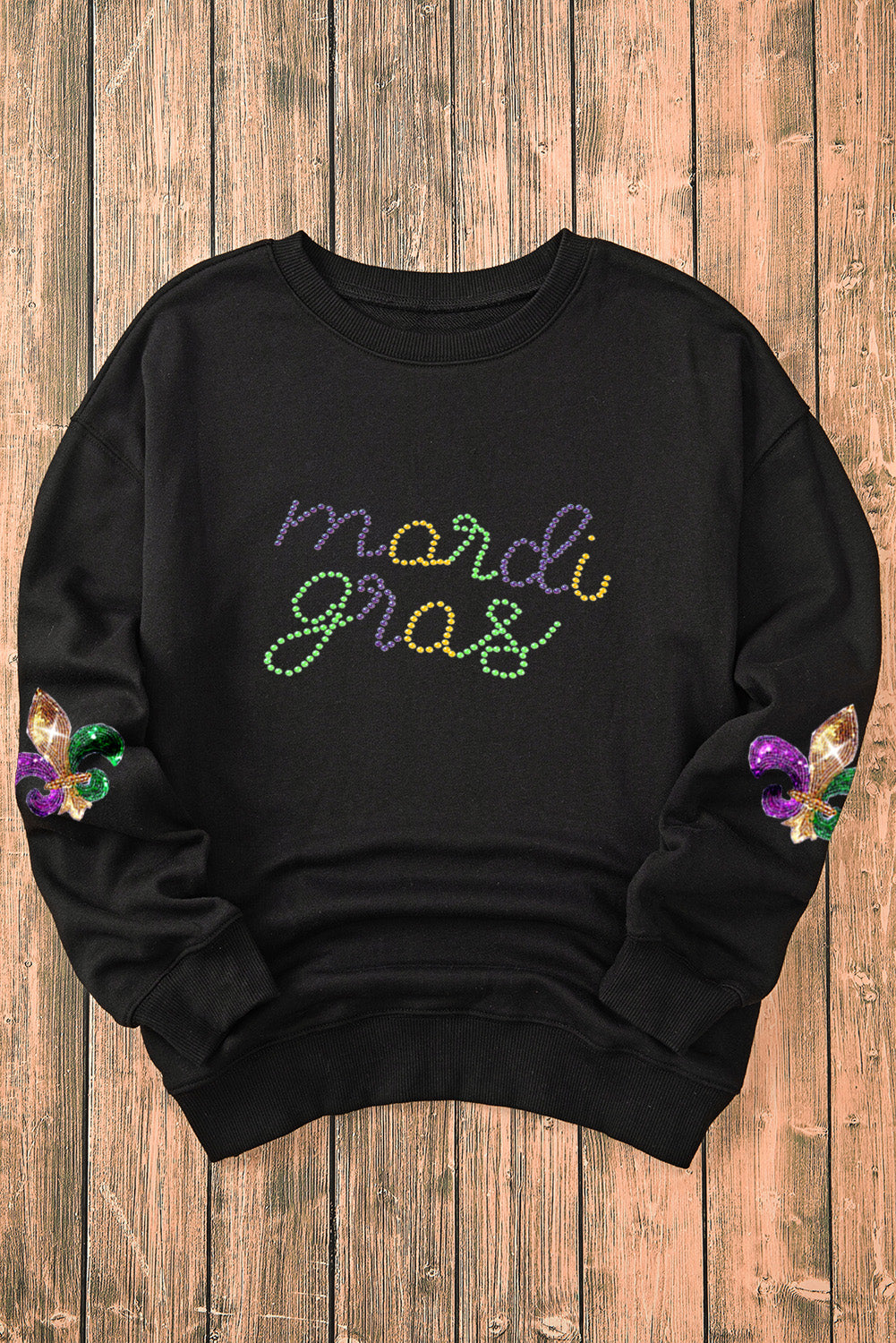 Black Solid Color mardi gras Printed Round Neck Casual Sweatshirt