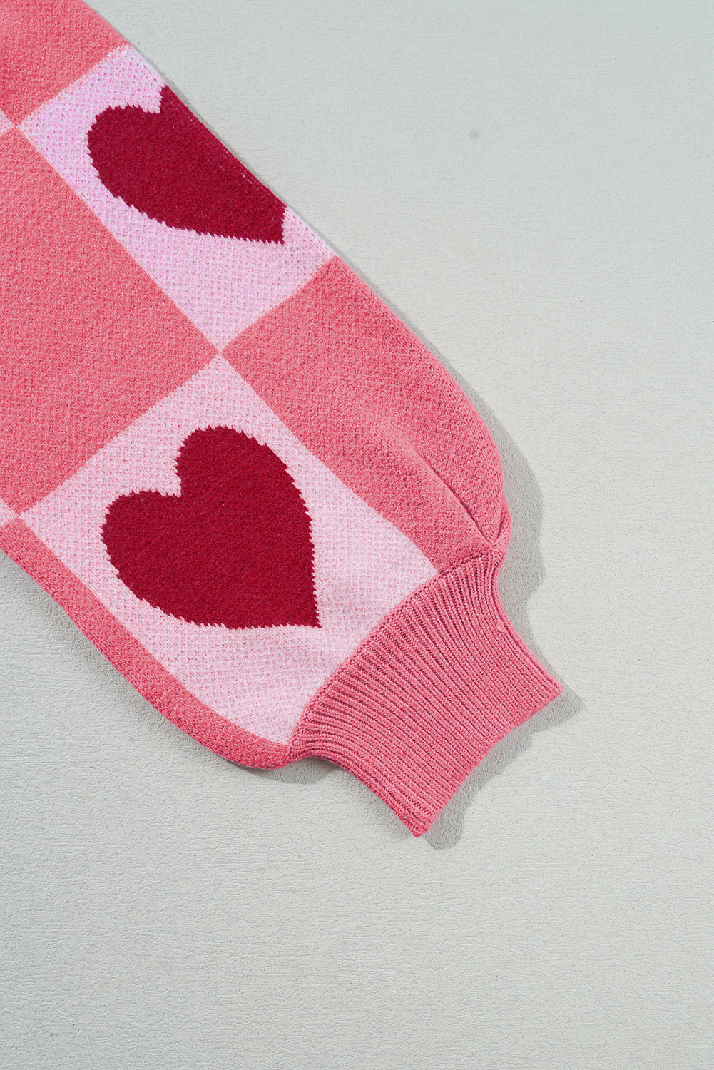 Pink Plus Size Heart Checkered Colorblock Lantern Sleeve Sweater