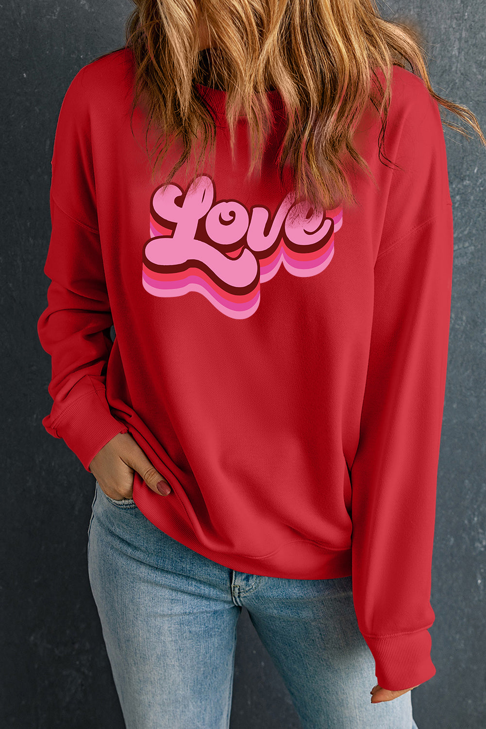 Red love Letter Printed Crewneck Valentines Day Sweatshirt