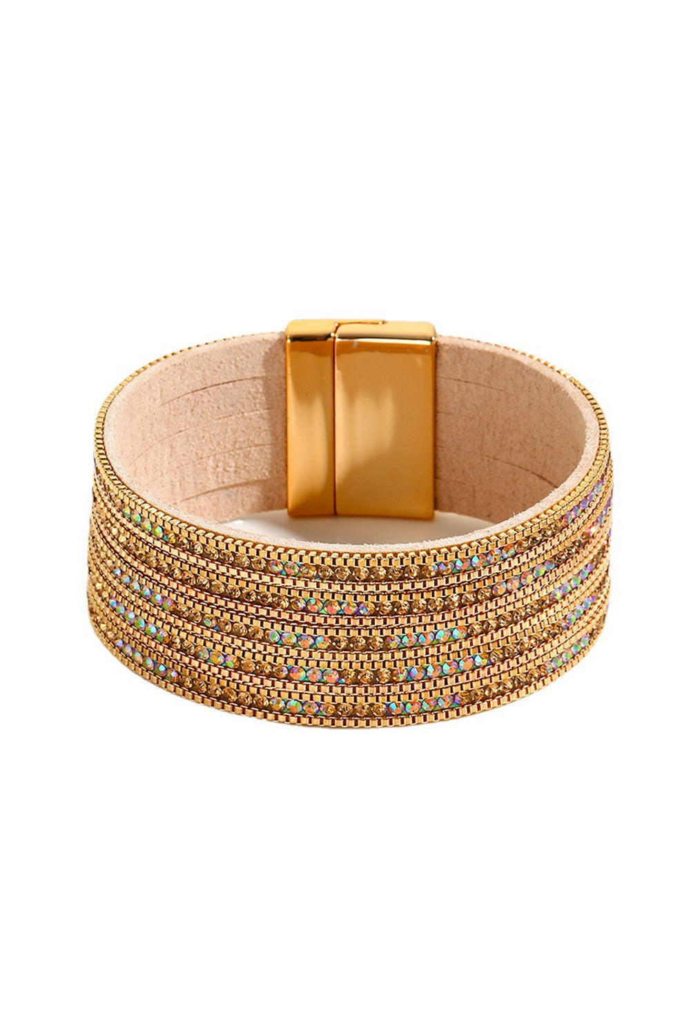 Gold Full Diamond Leather Wide Magnetic Buckle Bracelet