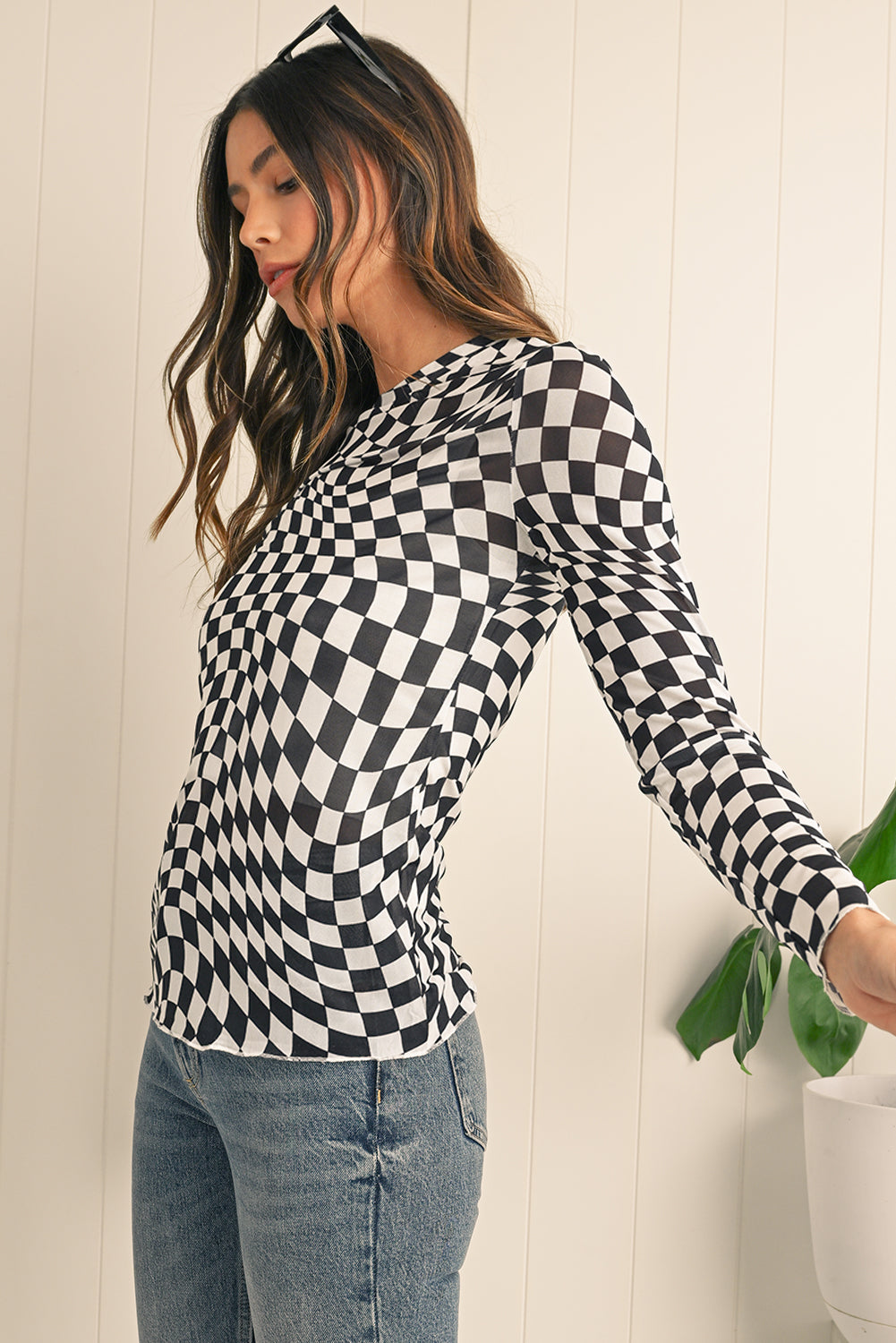 Rose Checkered Pattern Mesh Long Sleeve Top