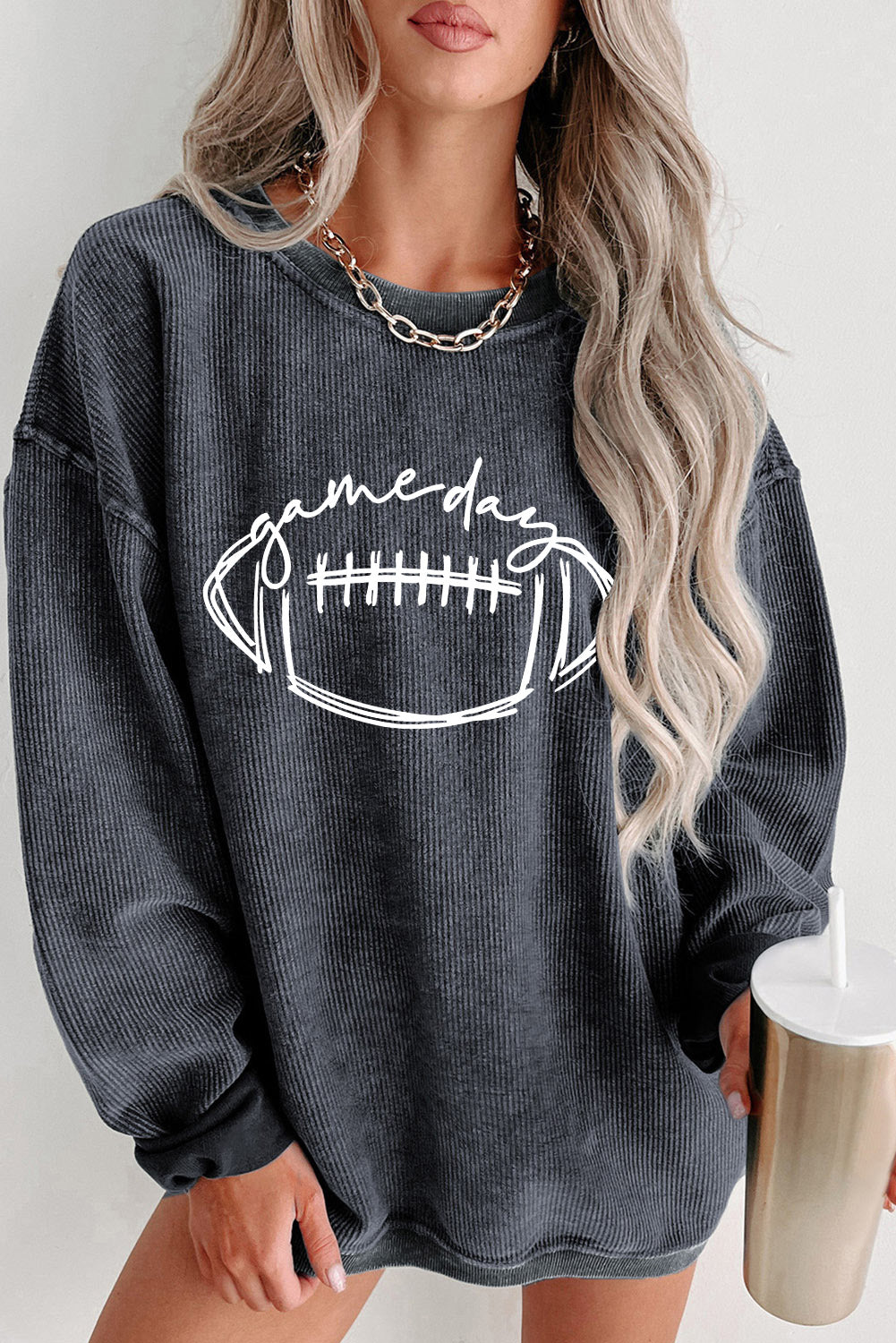 Gray Corded Texture Game Day Graphic Sweatshirt