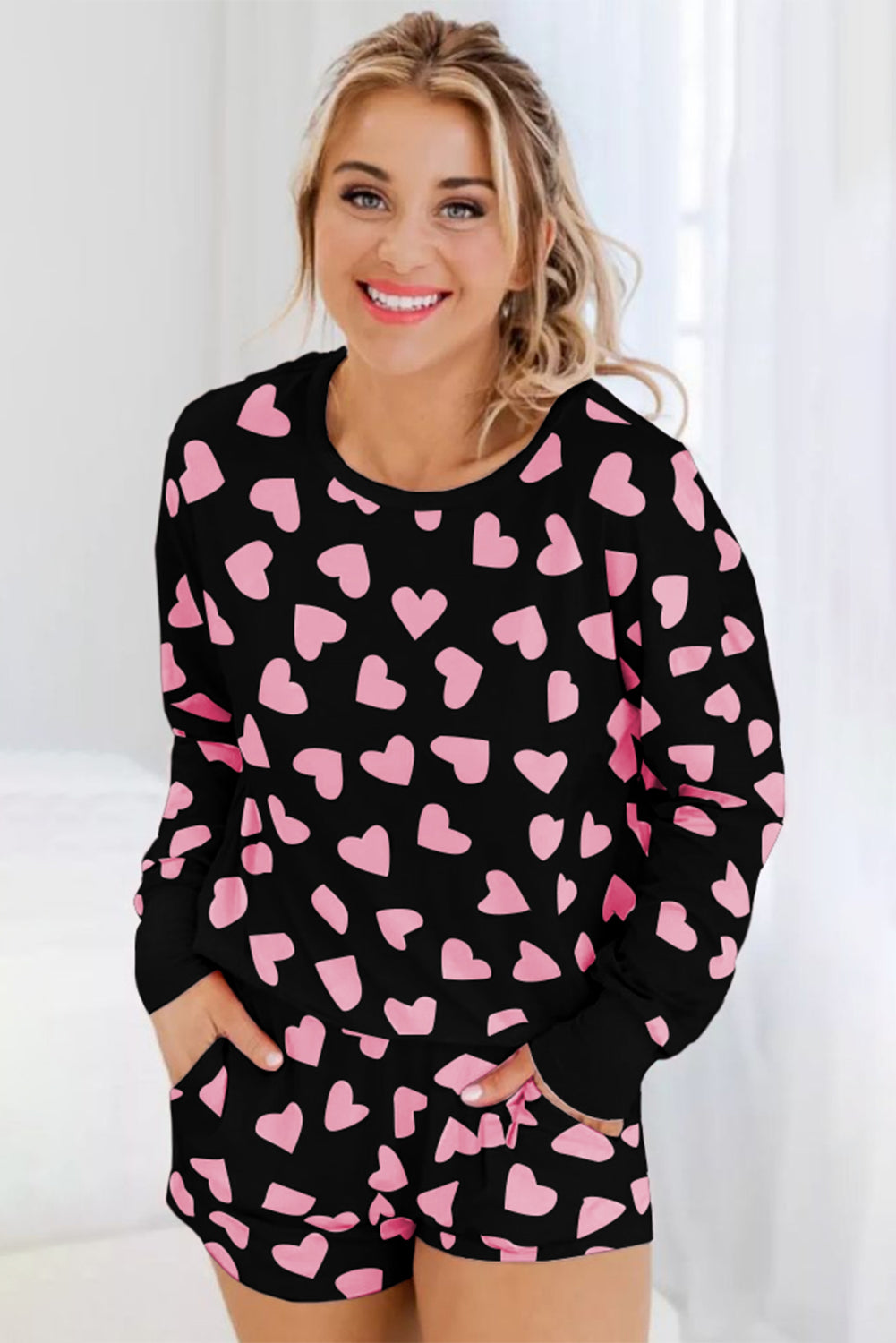 Black Heart Shape Print Long Sleeve Top and Shorts Loungewear Set