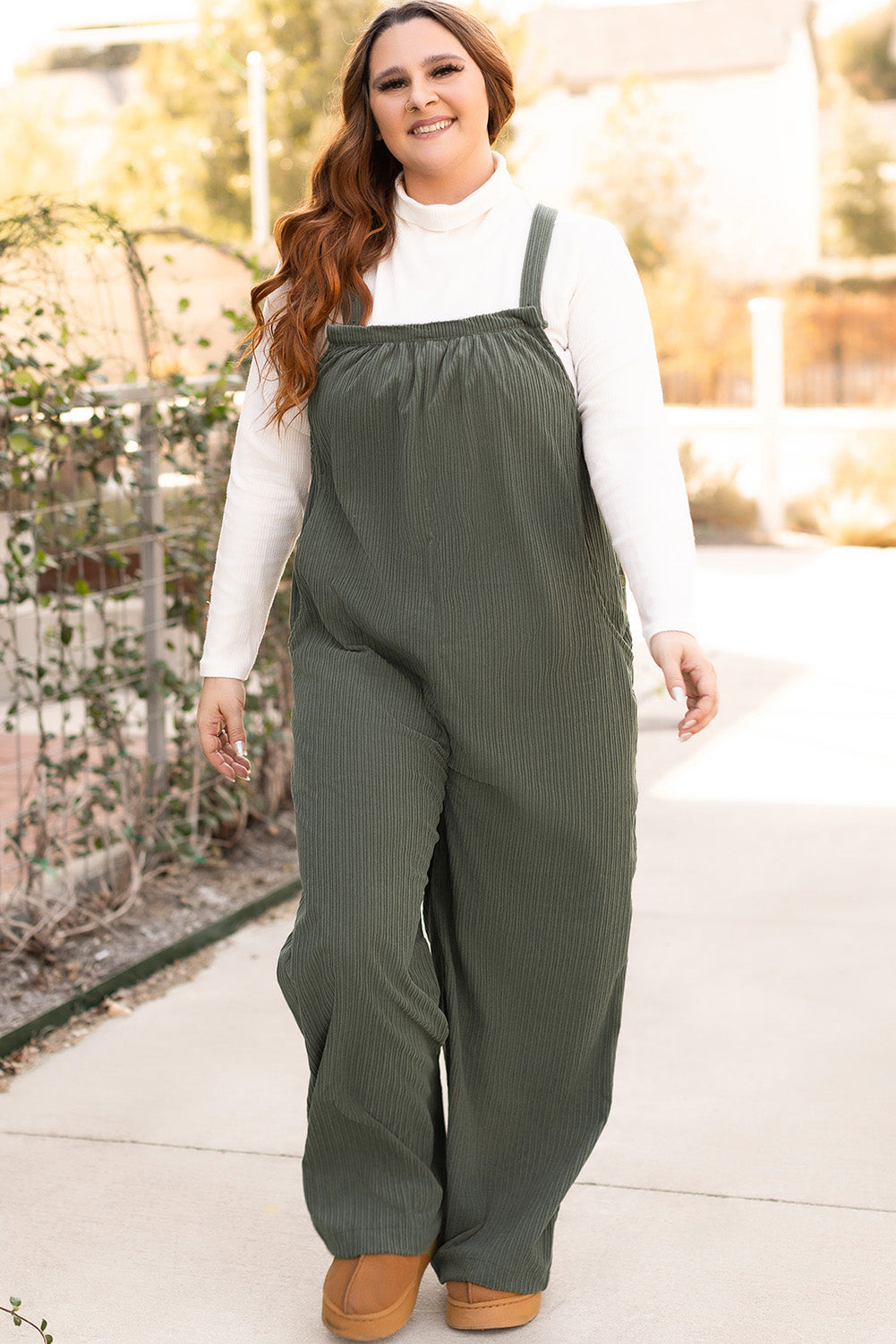 Jungle Green Plus Size Side Pockets Corduroy Overall