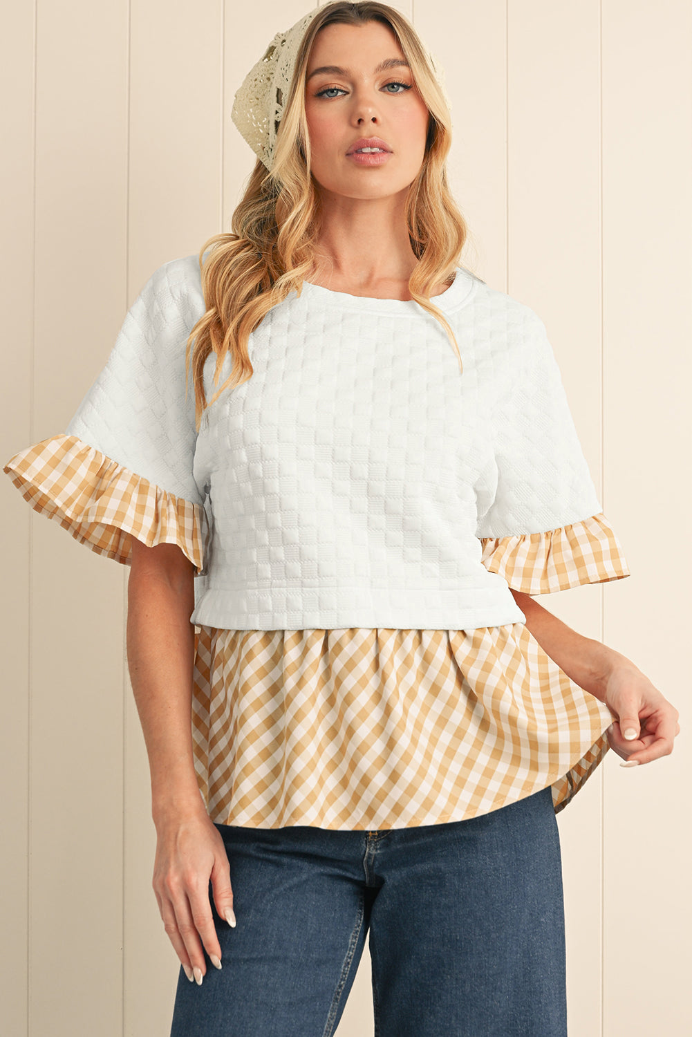 White Plaid Patchwork Half Sleeve Ruffle Round Neck Blouse