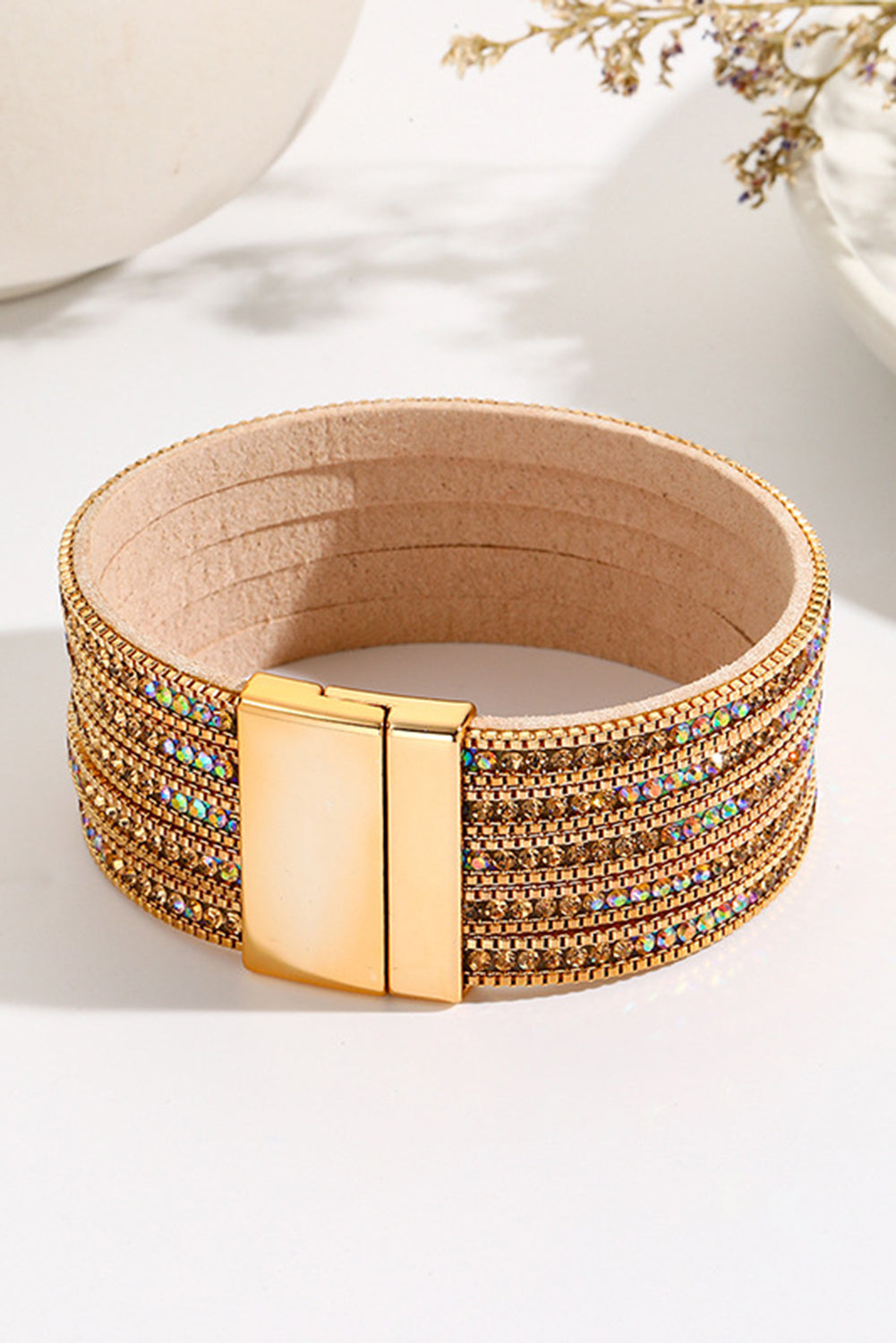 Gold Full Diamond Leather Wide Magnetic Buckle Bracelet