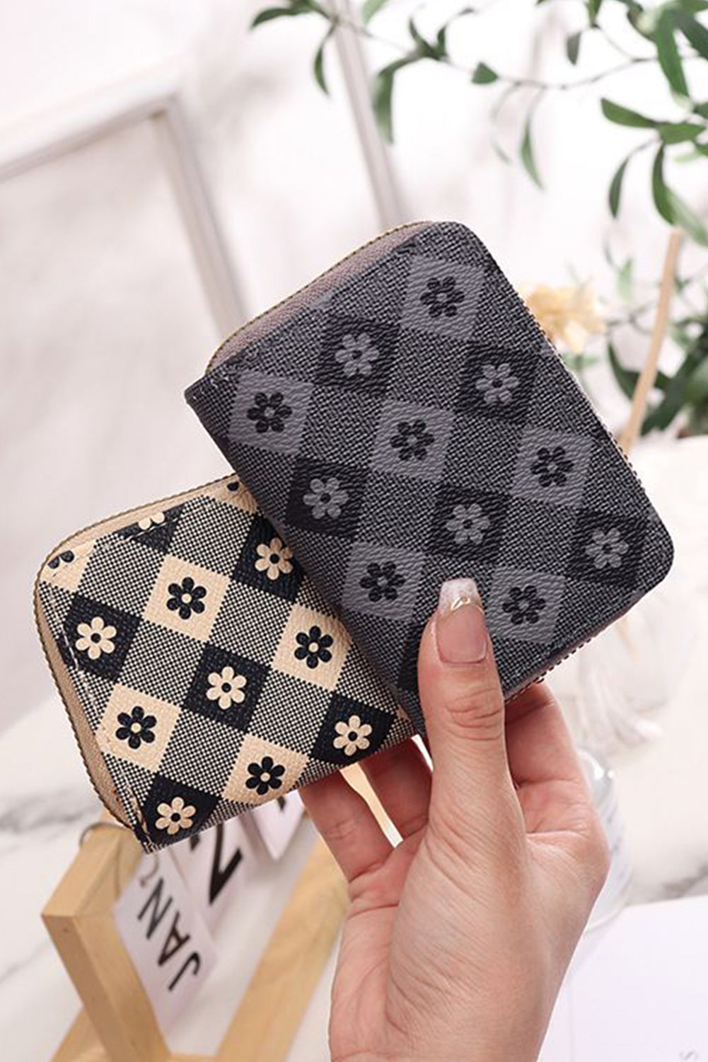 Khaki Flower Checkered PU Leather Wallet