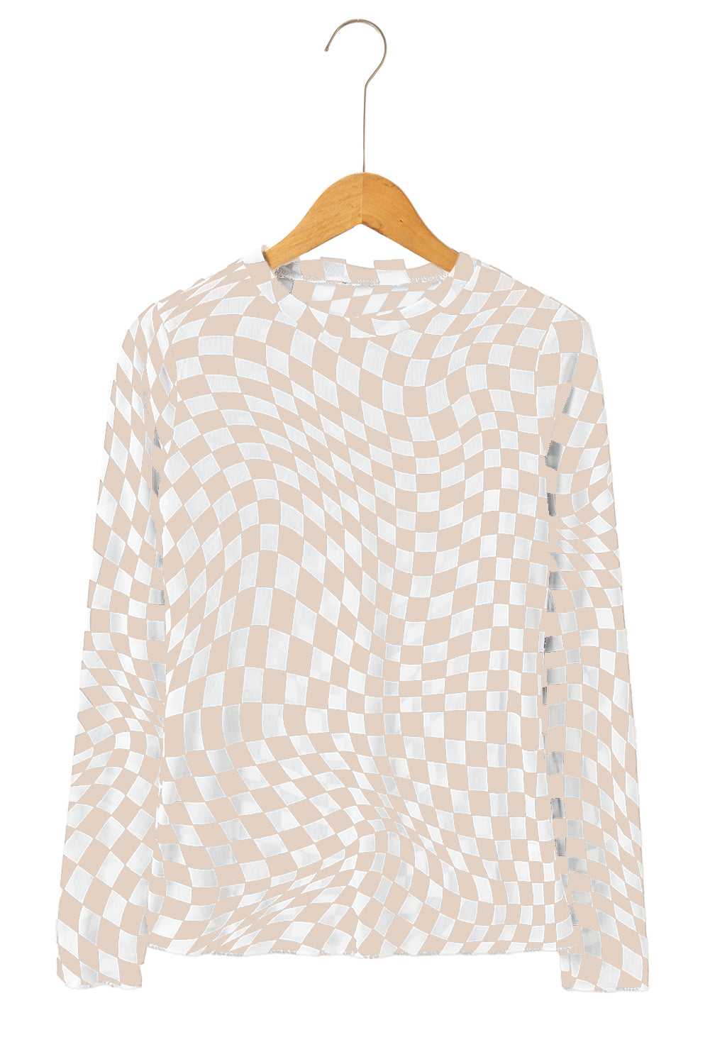 Rose Checkered Pattern Mesh Long Sleeve Top