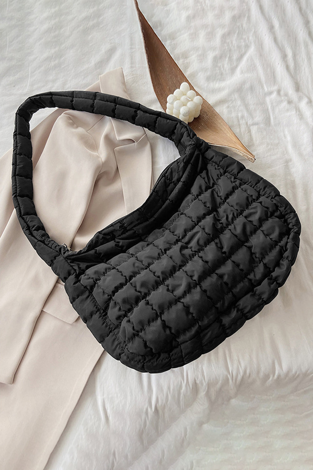 Black Quilted Zipper Large Shoulder Bag