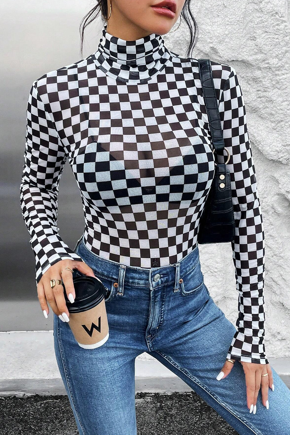 Black Checkered Print Long Sleeve Mock Neck Bodysuit