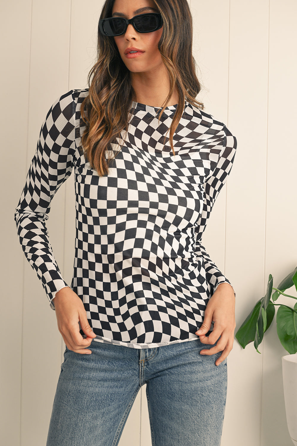 Rose Checkered Pattern Mesh Long Sleeve Top