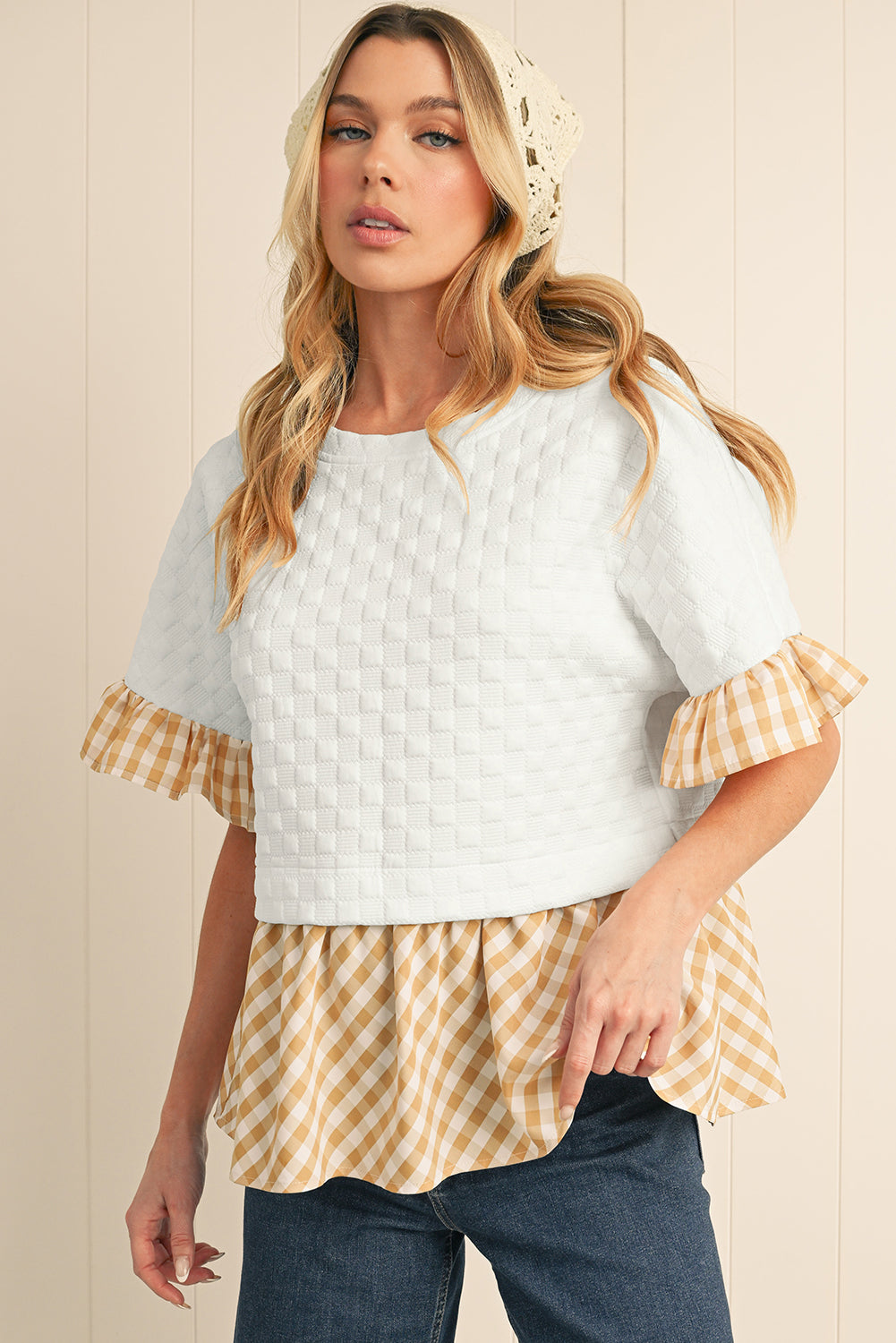 White Plaid Patchwork Half Sleeve Ruffle Round Neck Blouse