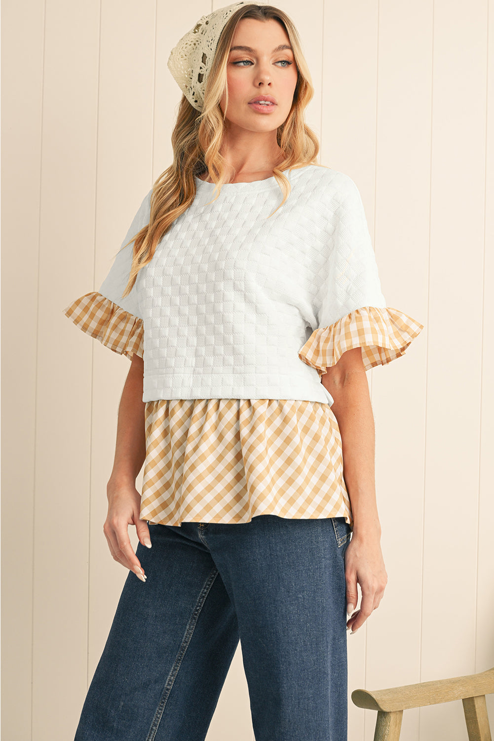 White Plaid Patchwork Half Sleeve Ruffle Round Neck Blouse