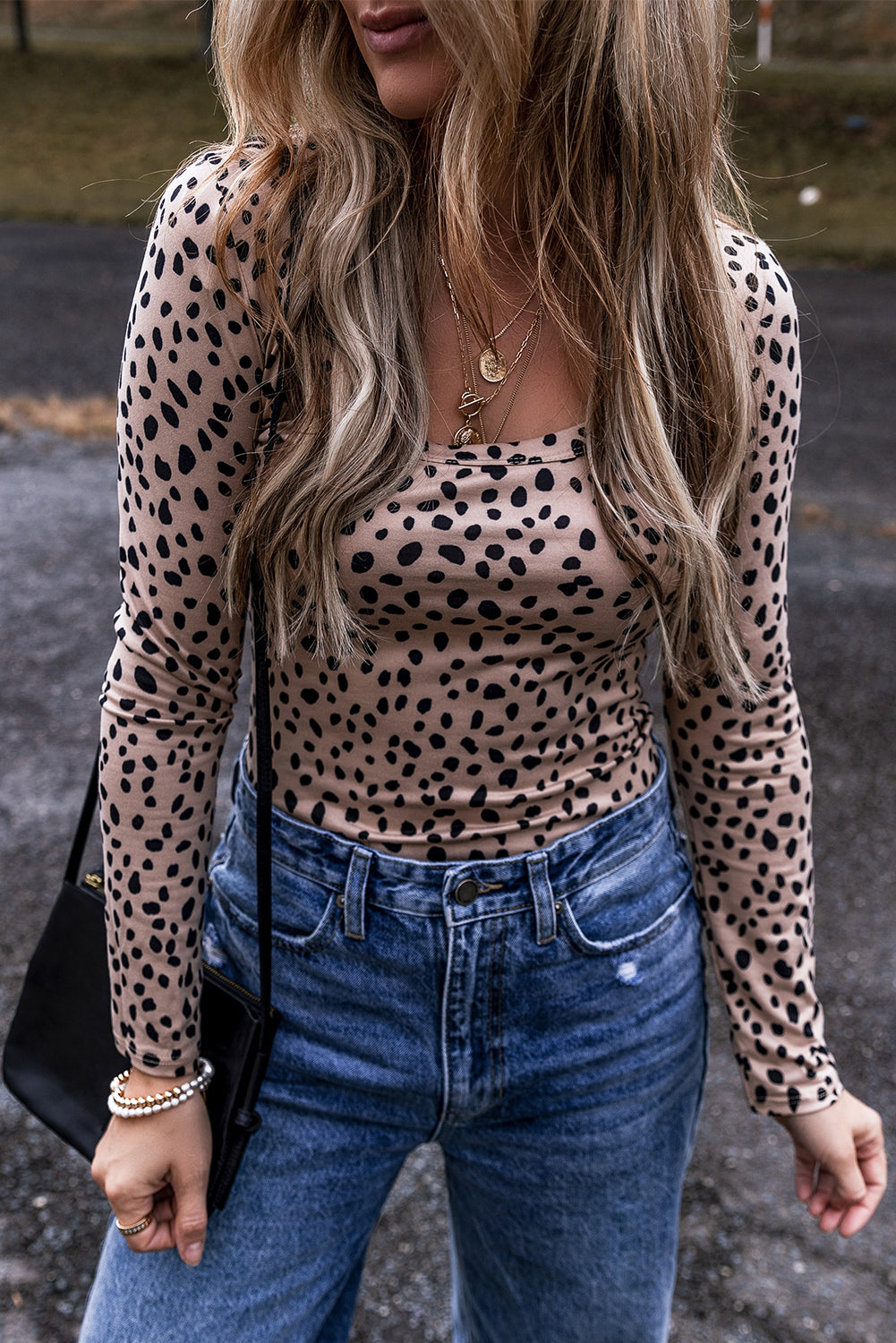 Smoke Gray Leopard Print Scoop Neck Slim Fit Bodysuit