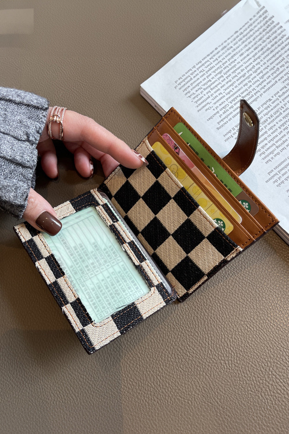 Coffee Leather Checkered Canvas Patchwork Card Wallet