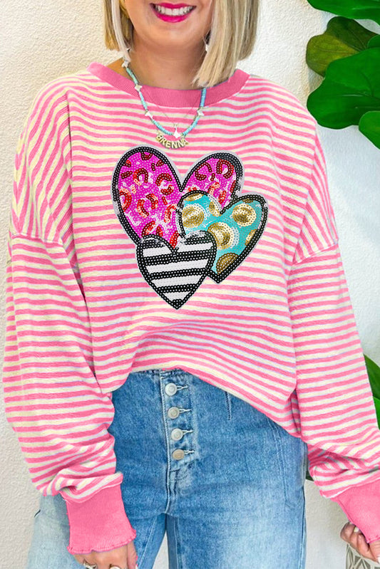 Pink Stripe Leopard Heart Patched Graphic Long Sleeve Top