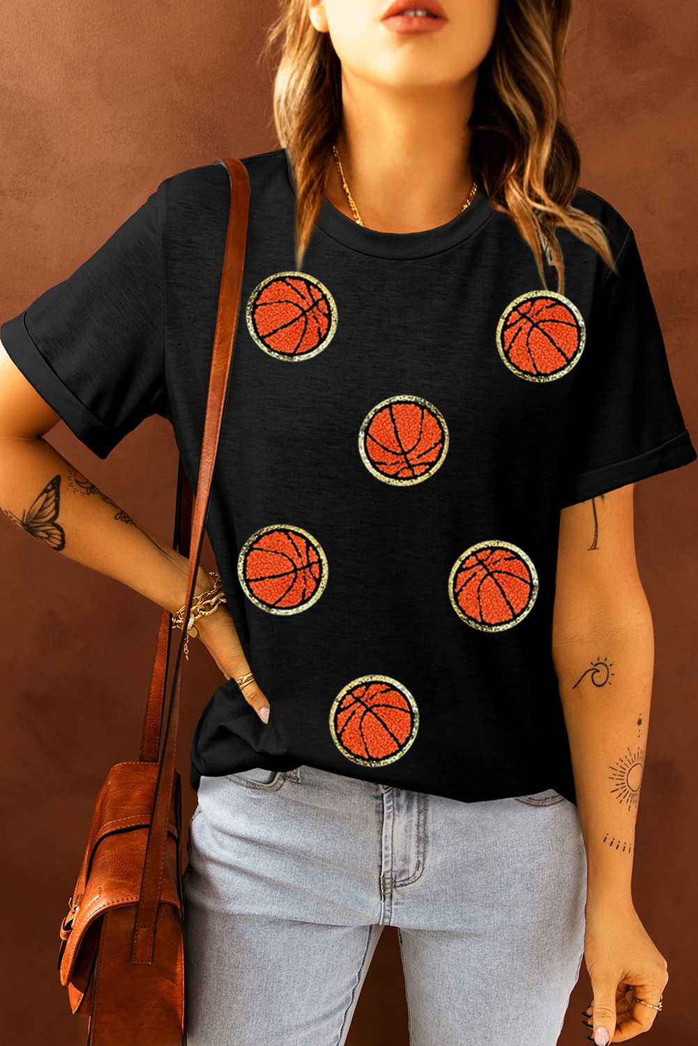 Black Chenille Basketball Patched Crewneck Game Day Tee