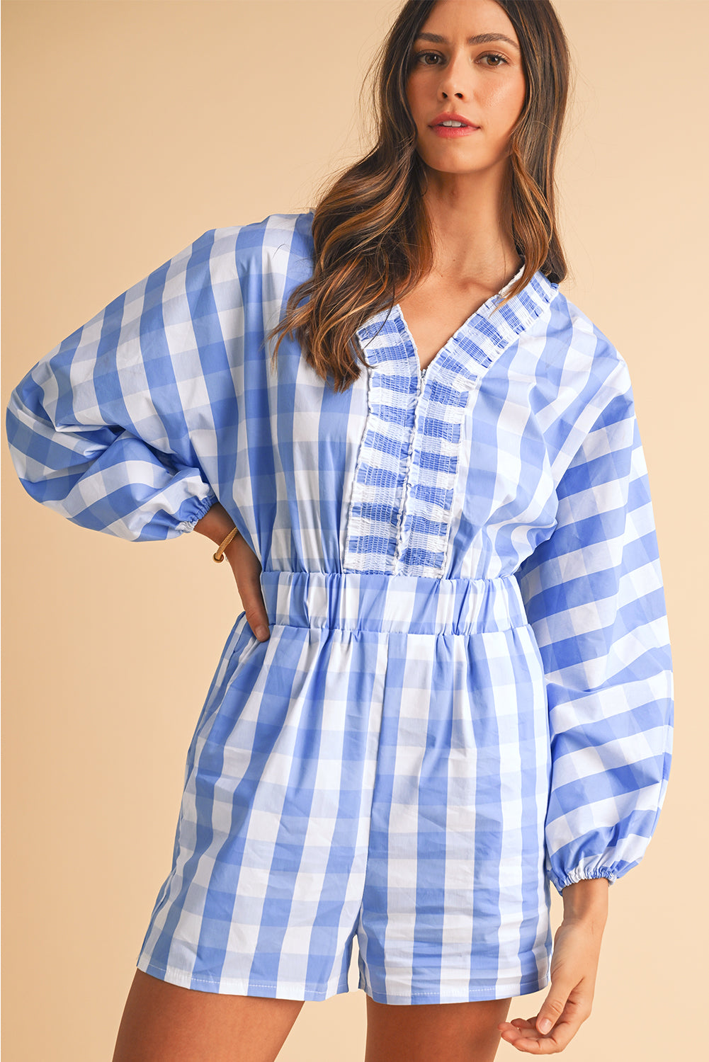 Sky Blue Plaid Shirred V Neck Lantern Sleeve Romper