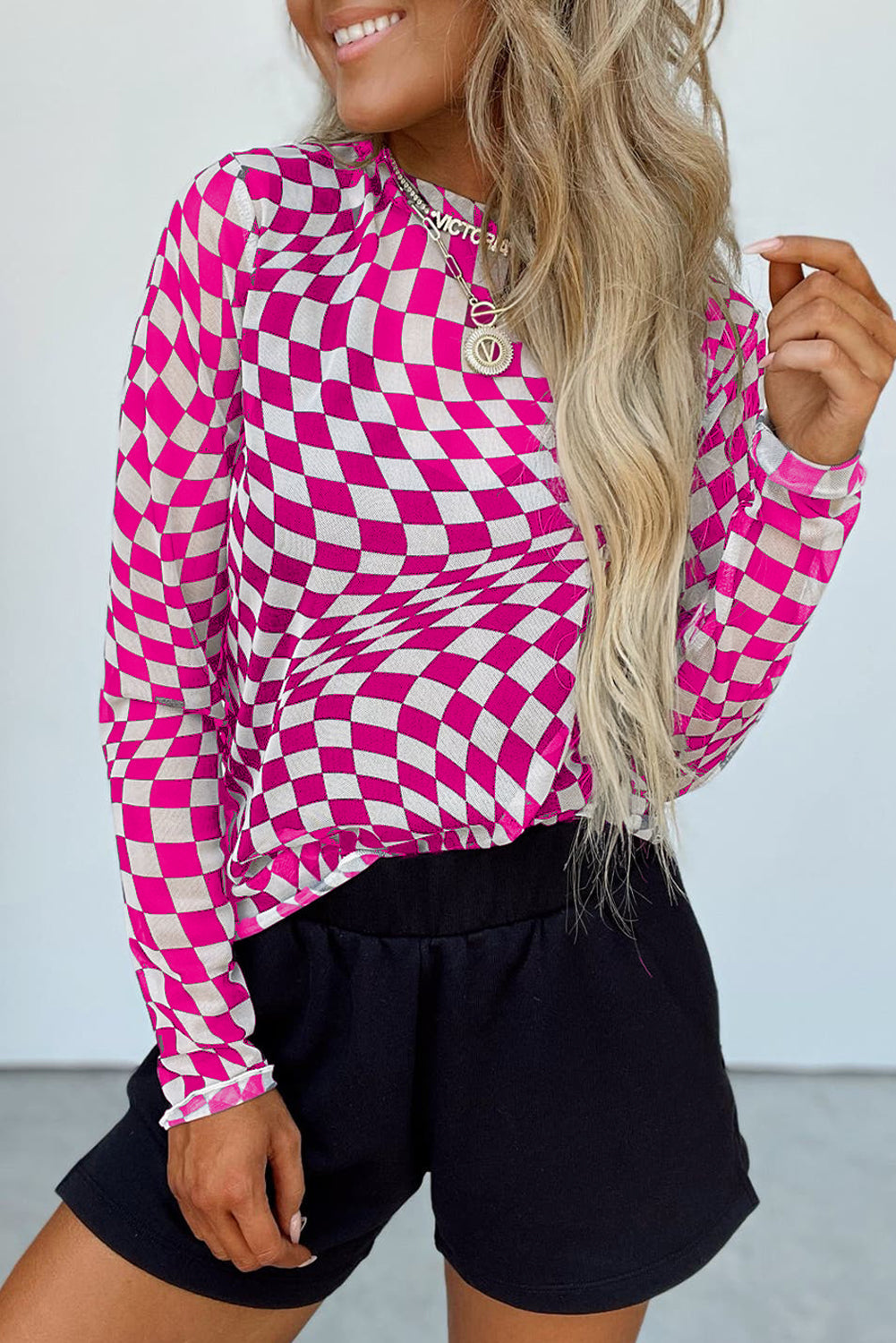 Rose Checkered Pattern Mesh Long Sleeve Top