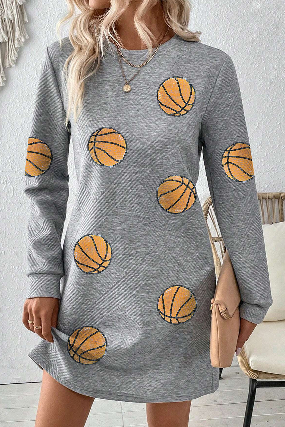 Gray Sequin Basketball Patched Textured Crewneck Shift Mini Dress