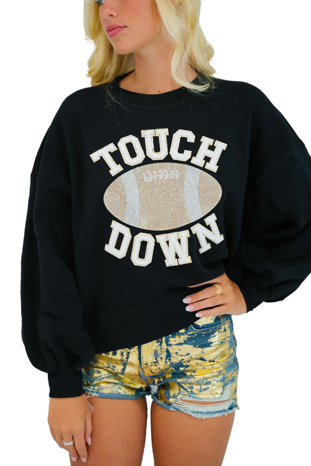 Black TOUCH DOWN Rugby Graphic Pullover Sweatshirt