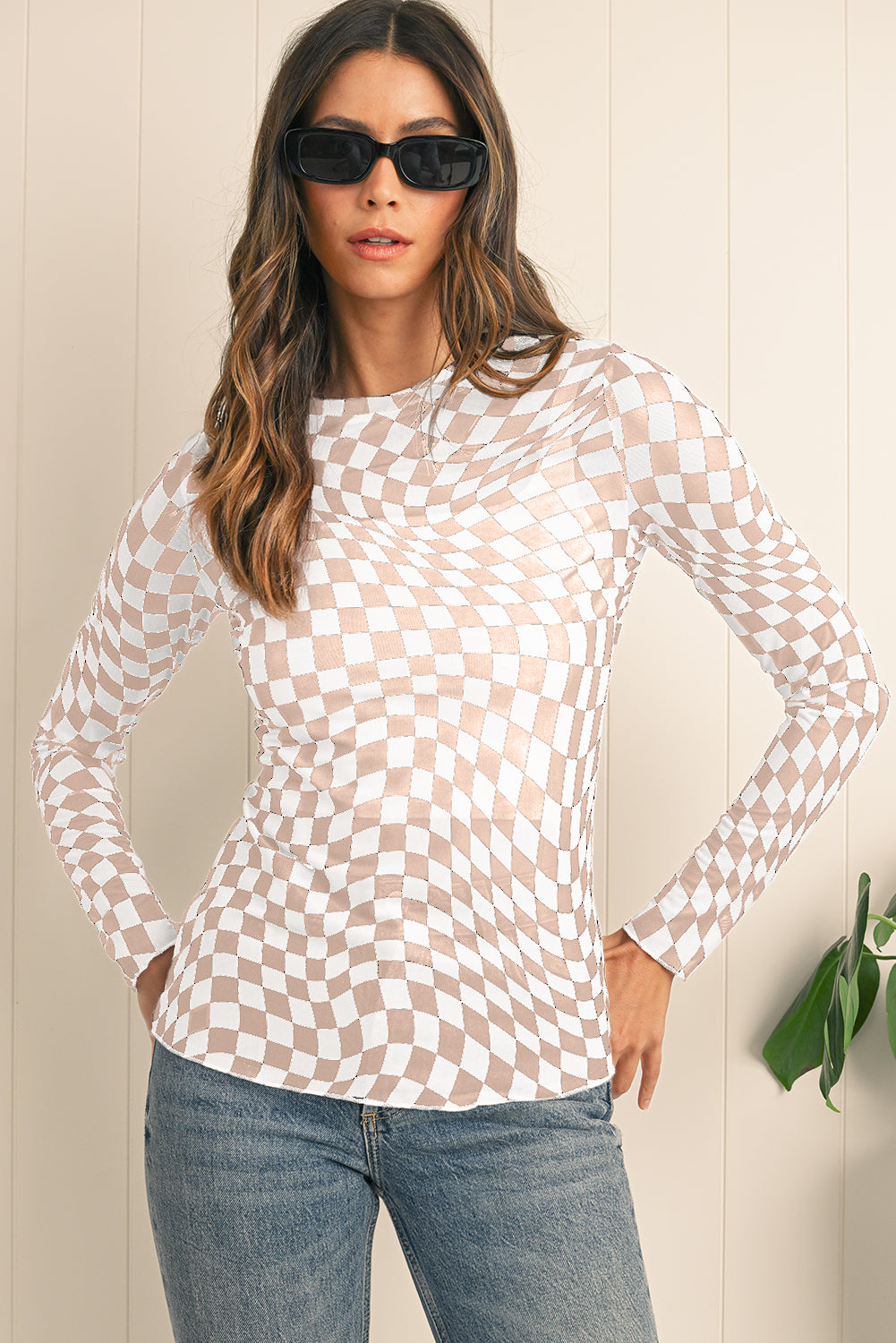 Rose Checkered Pattern Mesh Long Sleeve Top