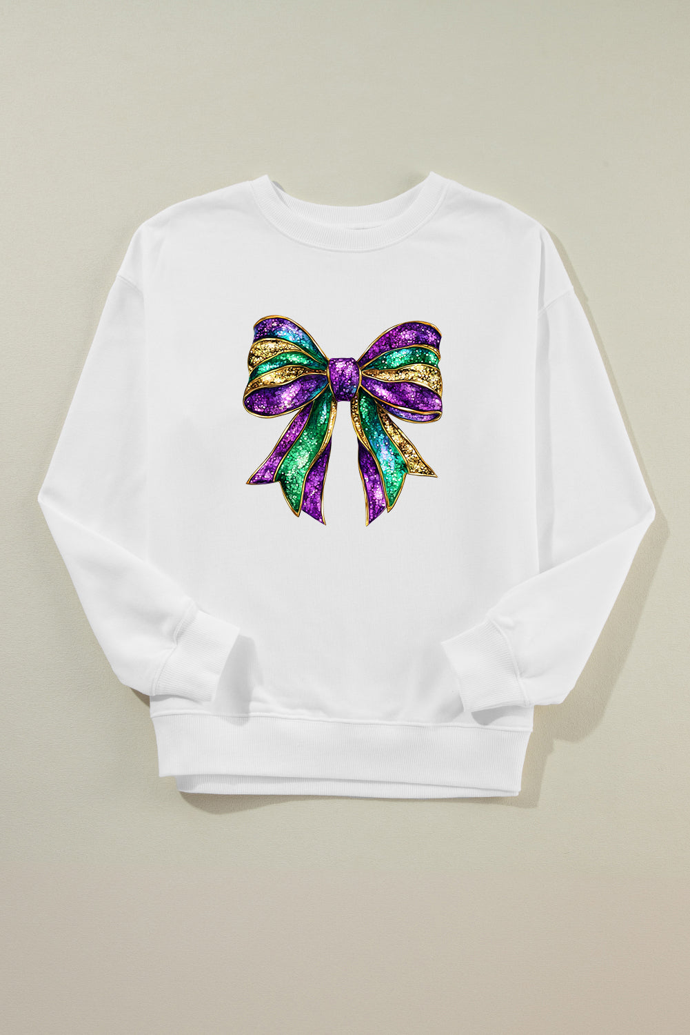 White Mardi Gras Bow Graphic Drop Shoulder Sweatshirt