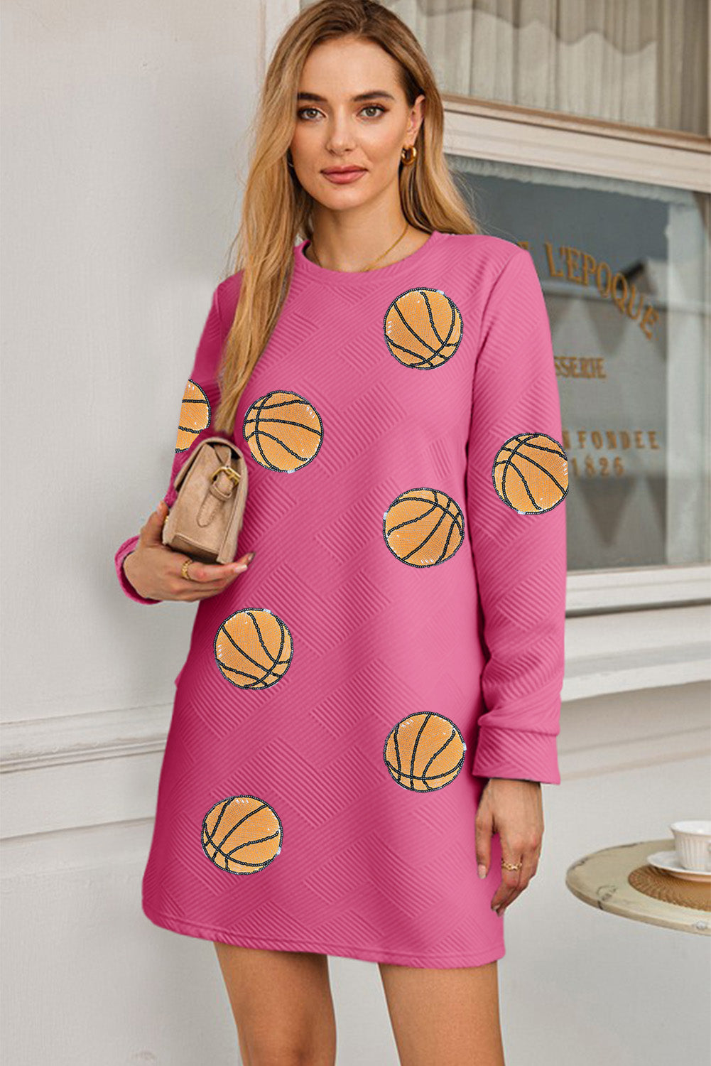 Gray Sequin Basketball Patched Textured Crewneck Shift Mini Dress