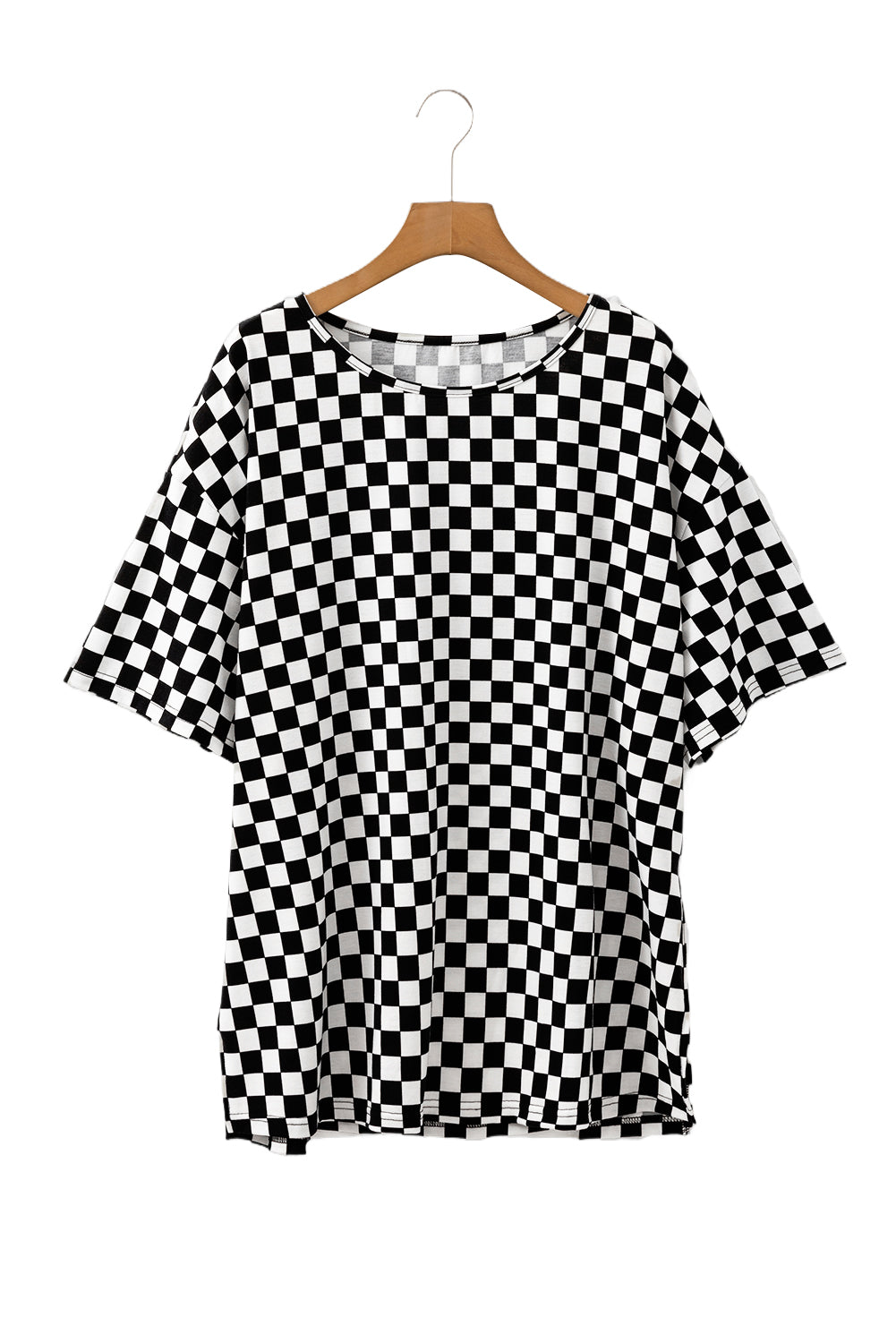 Black Checkered Print Side Slits Plus Size T Shirt