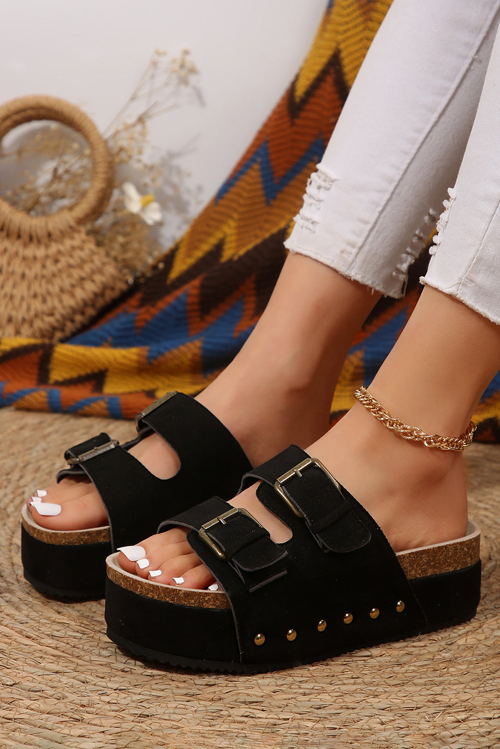 Black Suede Buckle Decor Footbed Sandal Slippers