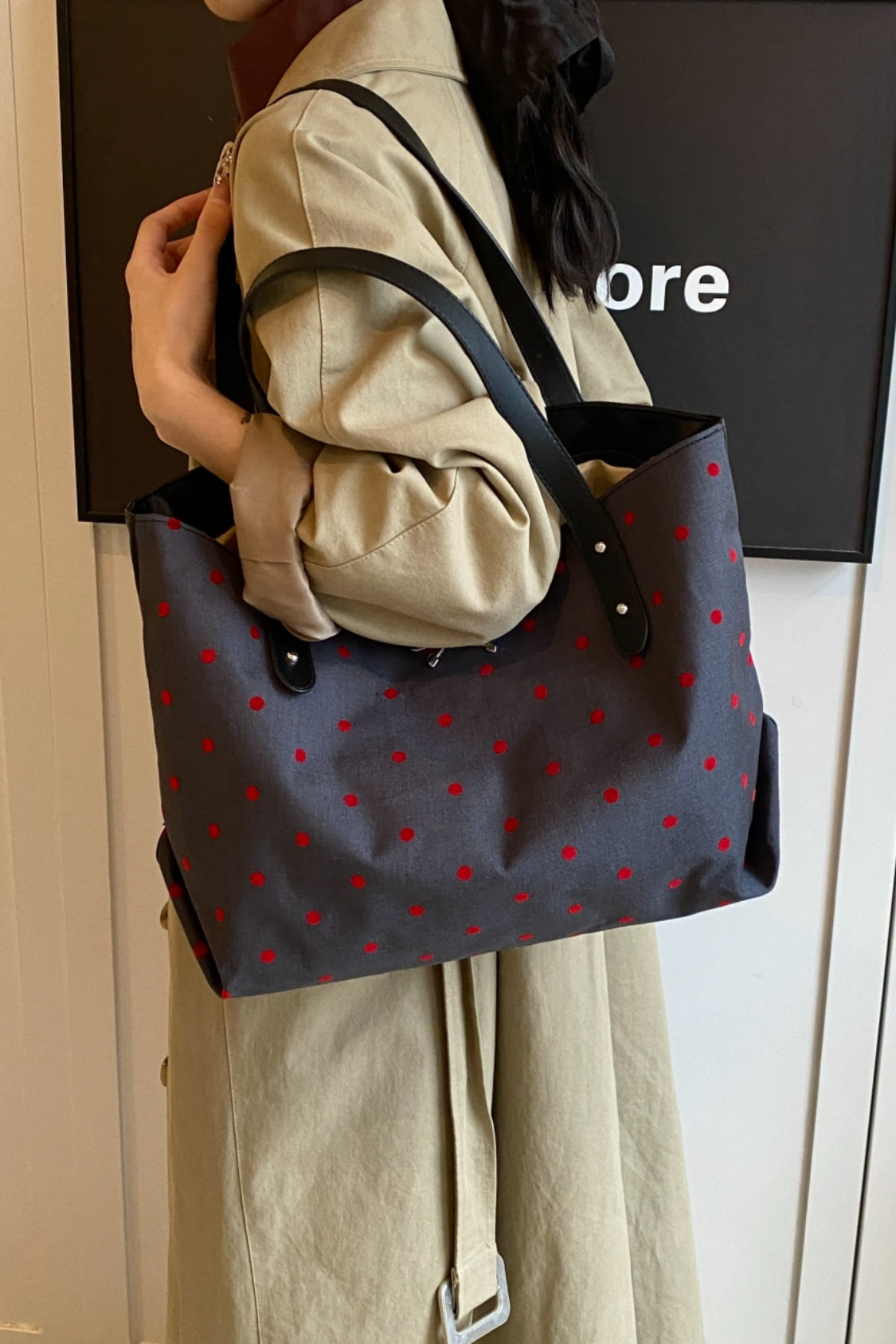 Polyester Bow Polka Dot Tote Bag