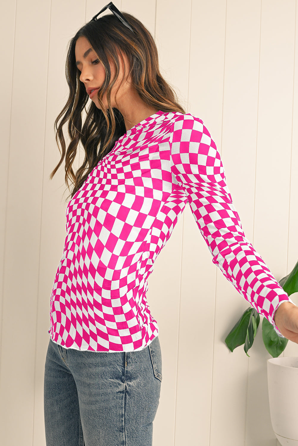 Rose Checkered Pattern Mesh Long Sleeve Top