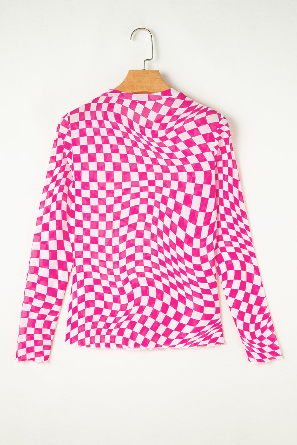 Rose Checkered Pattern Mesh Long Sleeve Top