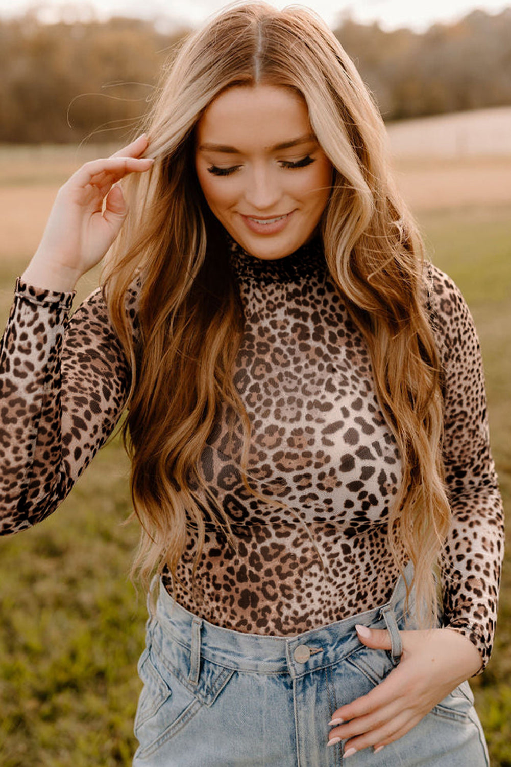 Brown Allover Leopard Print Smocked Neck Mesh Bodysuit