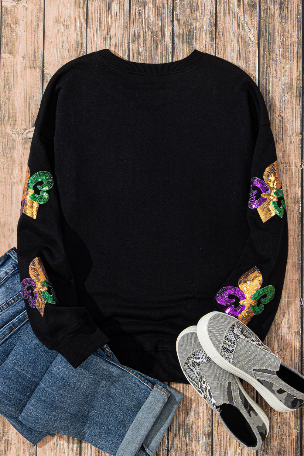 Black Sequin MARDI GRAS Graphic Pullover Sweatshirt