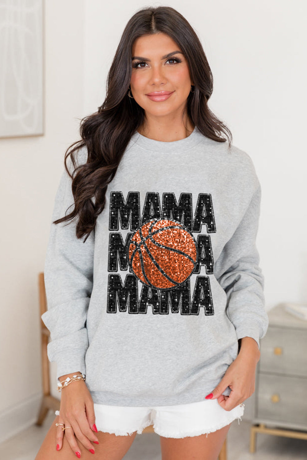 Gray Sequins MAMA Basketball Graphic Pullover Sweatshirt