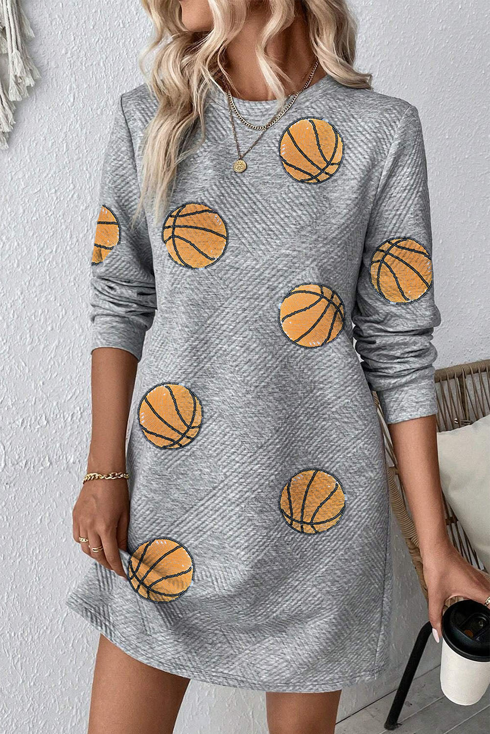 Gray Sequin Basketball Patched Textured Crewneck Shift Mini Dress